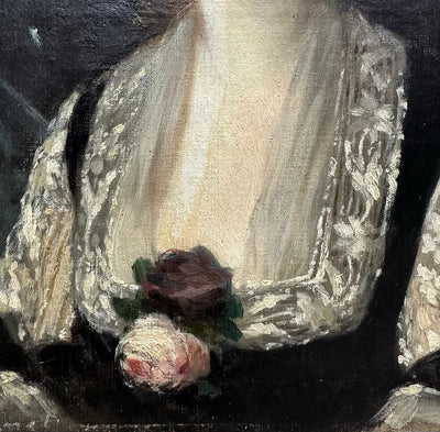 Tableau Ancien Signé « MANET » Portrait Femme Fleur Rose Édouard Peinture 19ème
