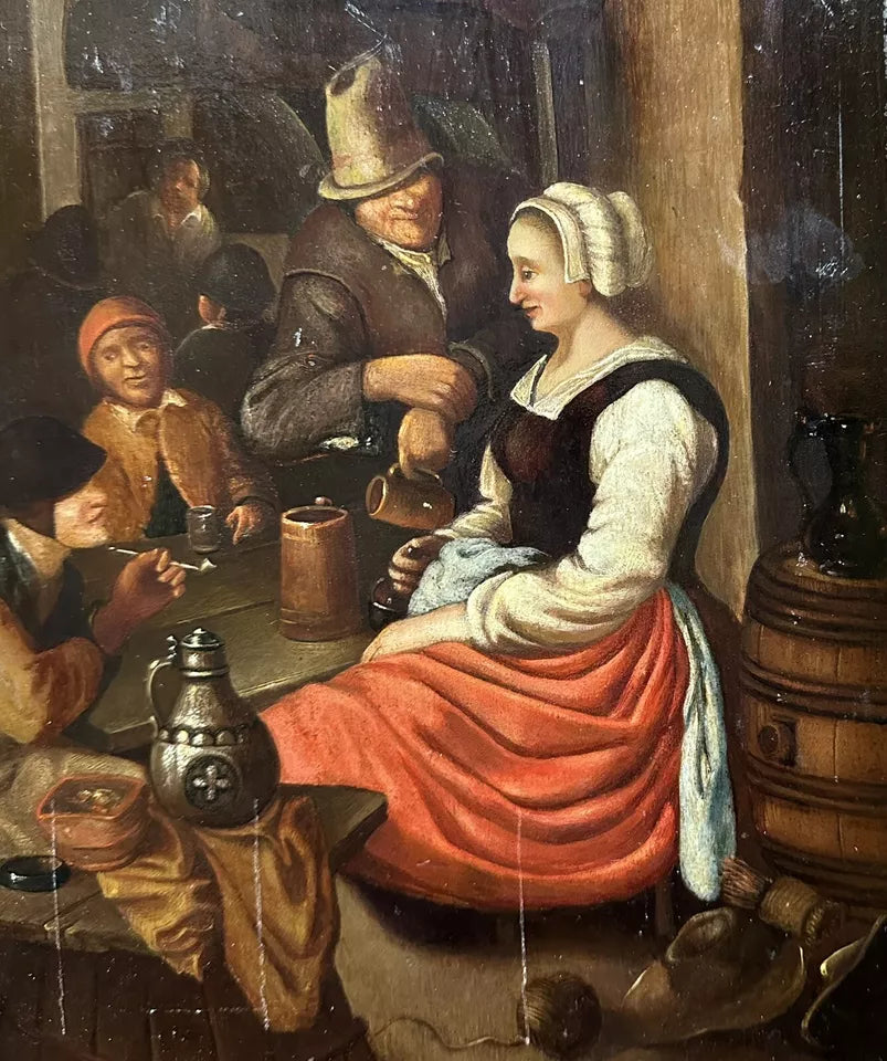 Tableau Ancien Flamand 17ème Scène de Taverne Auberge Peinture Cachet Cire Russe