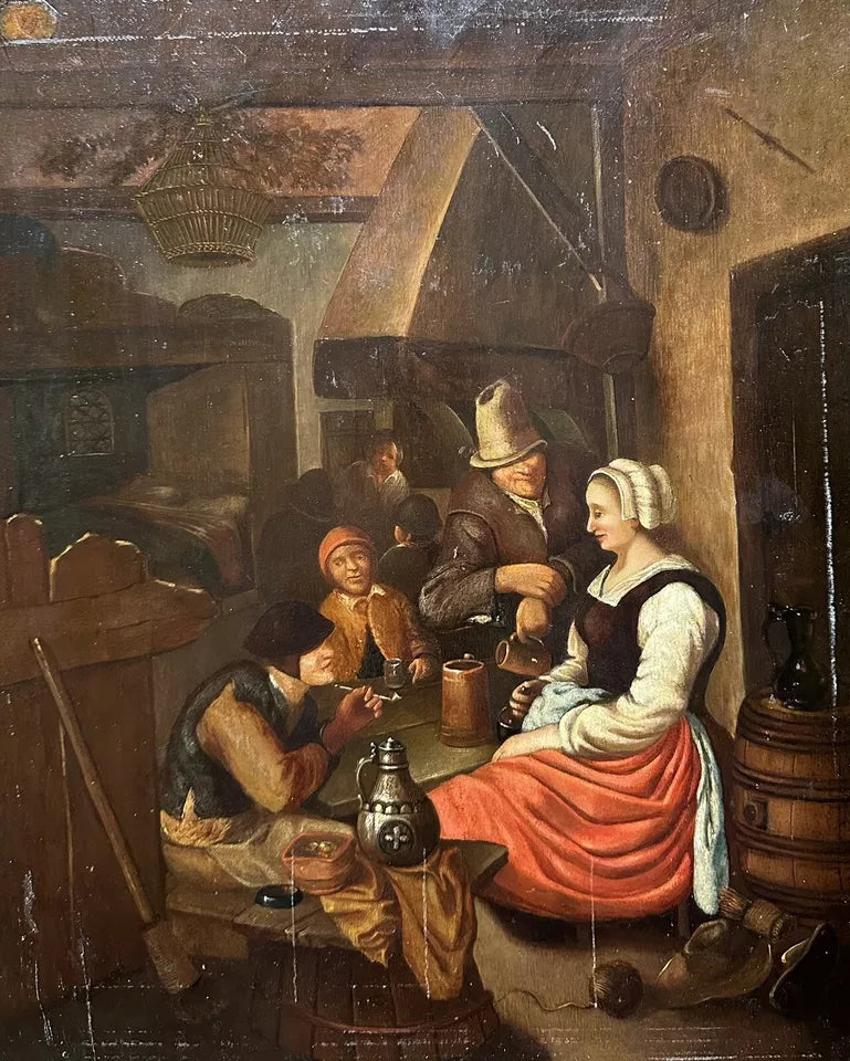 Tableau Ancien Flamand 17ème Scène de Taverne Auberge Peinture Cachet Cire Russe