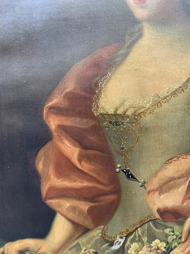 Grand Tableau Ancien Huile Portrait Femme Élégante Fleurs XVIIIe