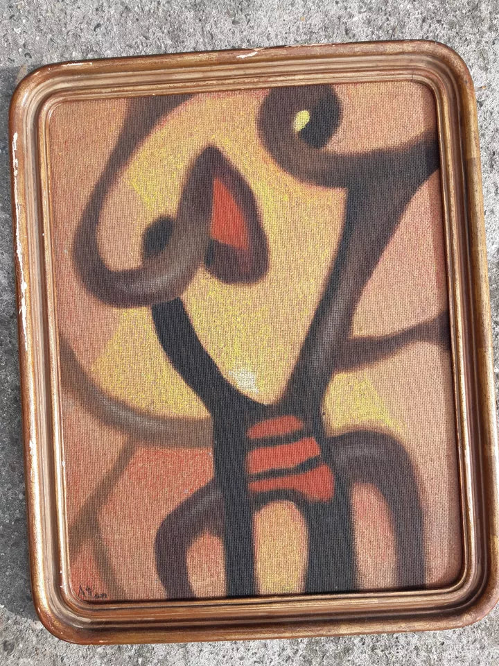 Ancien Petit Tableau Abstrait Signé Huile Sur Isorel