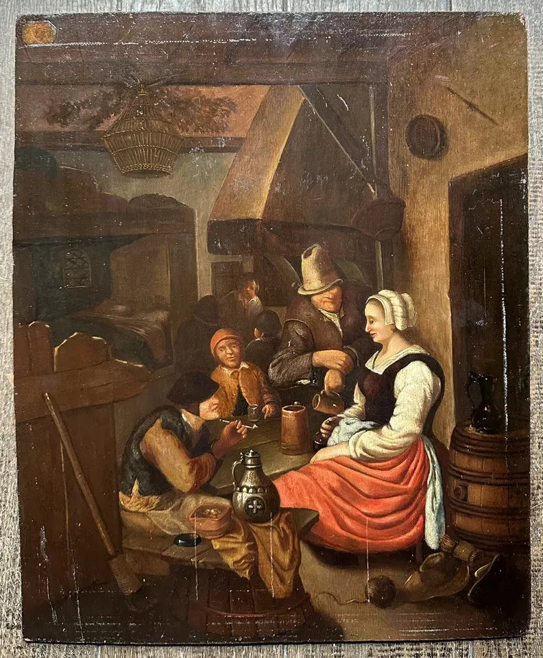 Tableau Ancien Flamand 17ème Scène de Taverne Auberge Peinture Cachet Cire Russe