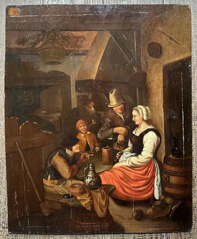 Tableau Ancien Flamand 17ème Scène de Taverne Auberge Peinture Cachet Cire Russe