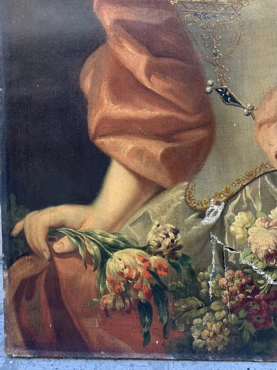 Grand Tableau Ancien Huile Portrait Femme Élégante Fleurs XVIIIe