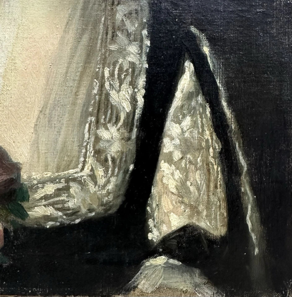 Tableau Ancien Signé « MANET » Portrait Femme Fleur Rose Édouard Peinture 19ème