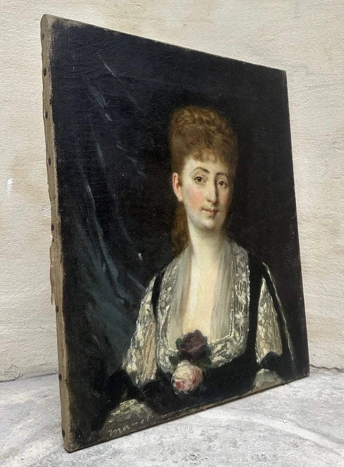 Tableau Ancien Signé « MANET » Portrait Femme Fleur Rose Édouard Peinture 19ème