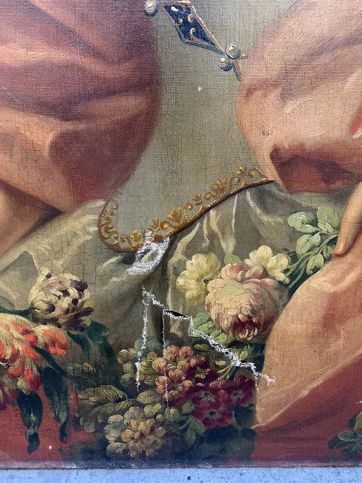 Grand Tableau Ancien Huile Portrait Femme Élégante Fleurs XVIIIe