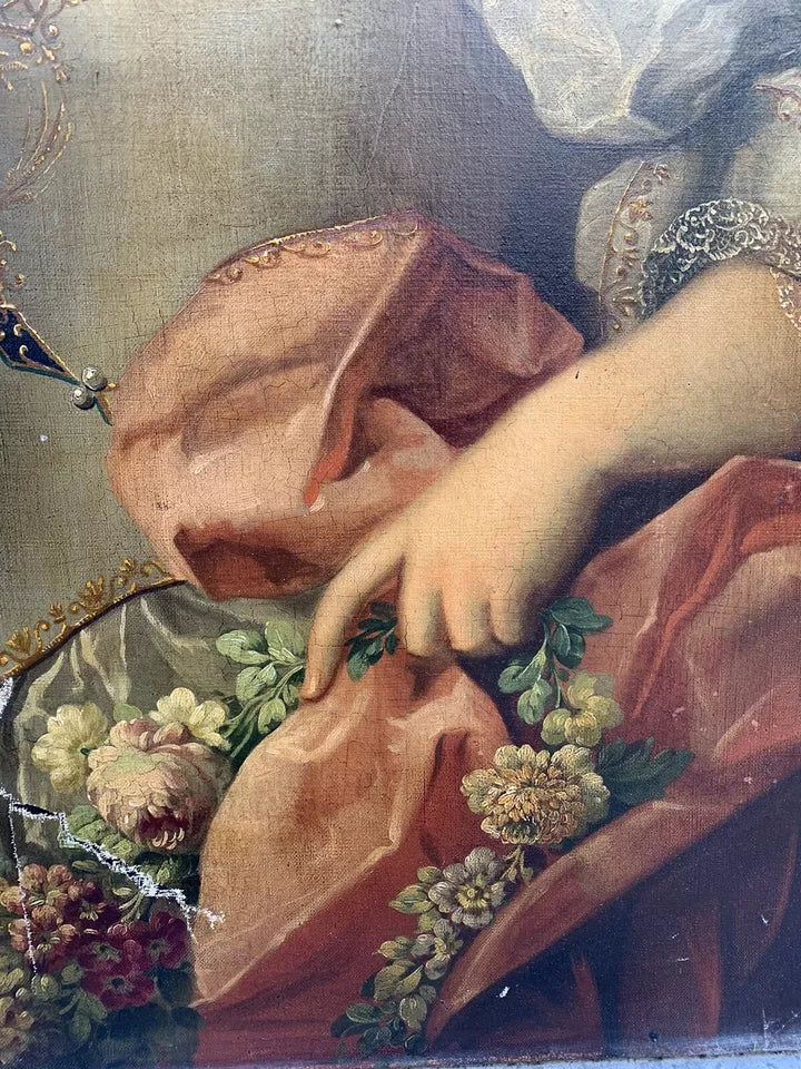 Grand Tableau Ancien Huile Portrait Femme Élégante Fleurs XVIIIe