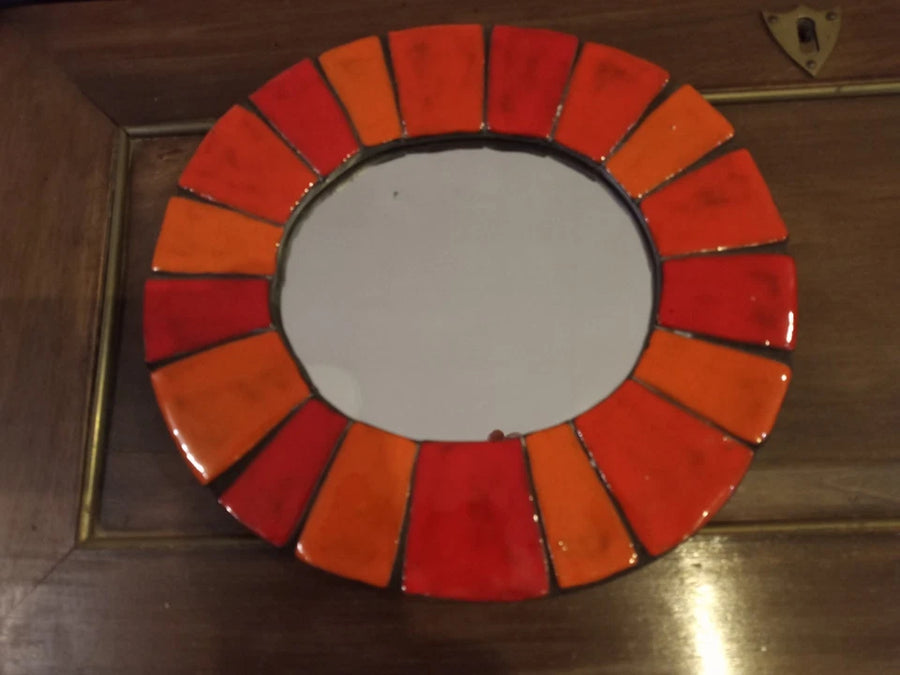 Ancien Miroir Vintage Céramique Orange et Rouge