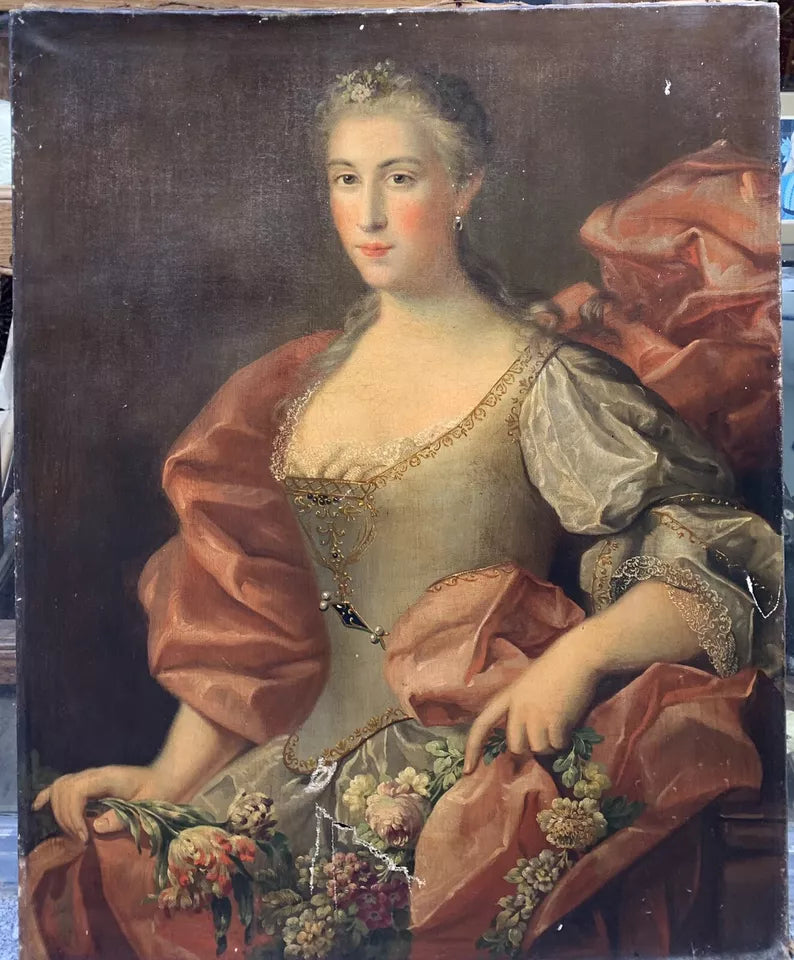 Grand Tableau Ancien Huile Portrait Femme Élégante Fleurs XVIIIe